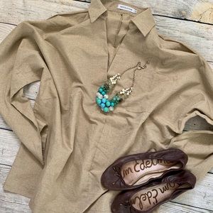 🆕Khaki Blouse NWOT V-Neck Work Shirt XL 👚Collar